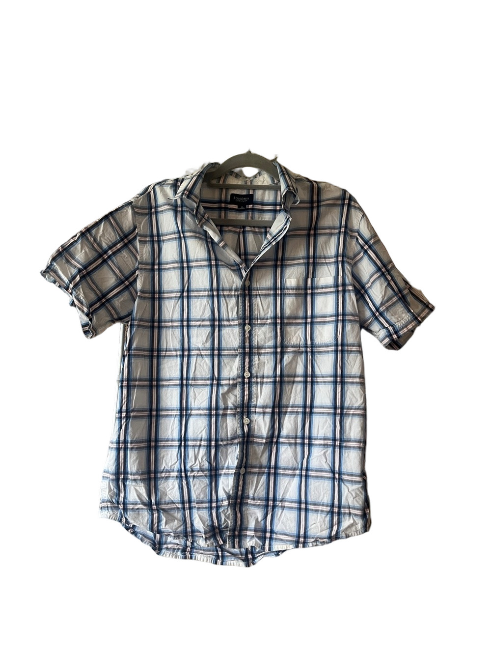 Sonoma Blue and White Plaid Short Sleeve Shirt
